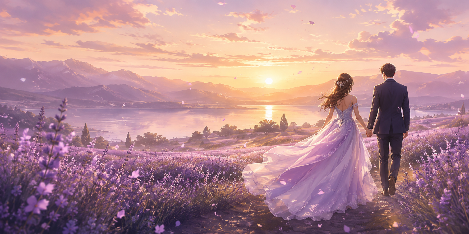 A couple walking together through a flower field